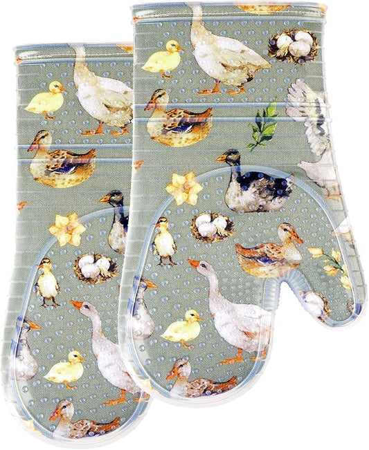 Oven Mitts Set of 2 with Transparent Clear Silicone Shell and Nice Duck Printing Cotton Lining, Heat Resistant to 500 F Kitchen Oven Gloves Pot Holder for Cooking (Wathet Blue, Oven Mitts)