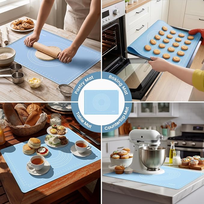 Silicone Baking Mat 32x24 Inches | Extra Thick Dough Rolling Mat with Measurements and Edge Heightening | Non-Stick Food Grade Pastry Mat for Pastry, Bread, Cookies, Pizza, Fondant & Pasta