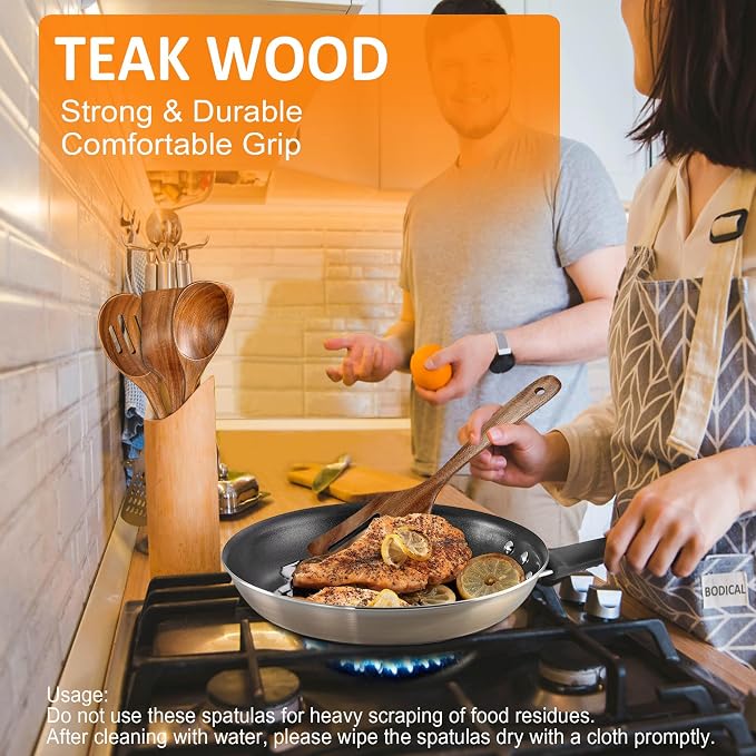 Wooden Spoons for Cooking, 4 Piece Teak Cooking Utensils Set | Natural Premium Teak, Large Kitchen Wooden Spoons, Cooking Gifts