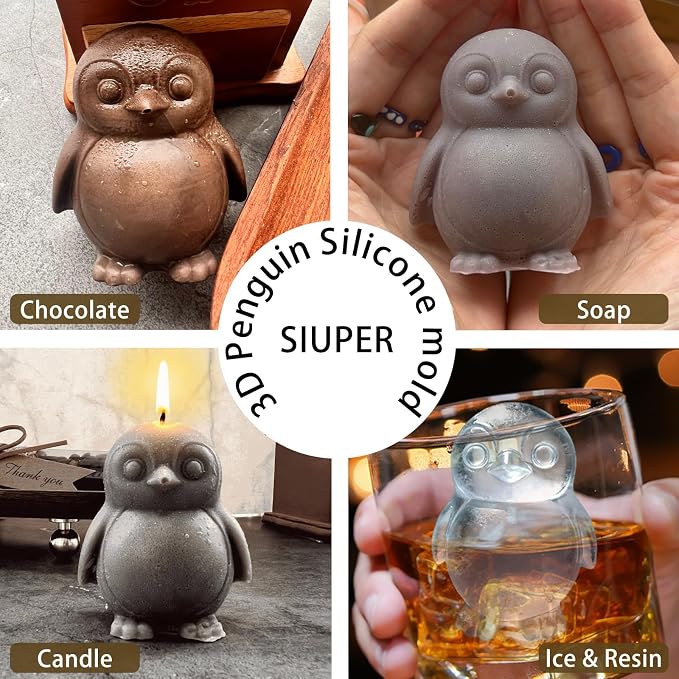 3D Penguin Ice Cube Silicone Molds Tray for Whiskey, Cocktail, Drink, Bar; Rich Details. Fun Animal Mold for DIY Craft Taba Squishy Chocolate Soap Candle Resin Gift for Women Girls Boys; 2 Pack