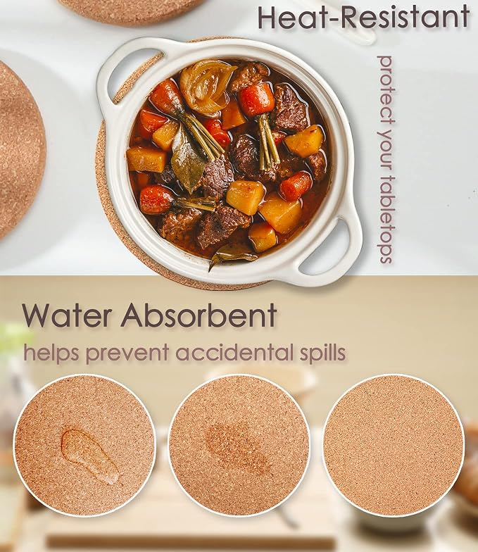 Cork Trivet, 4 Pcs High Density Thick Cork Trivets for Hot Dishes, 10 Inch Heat Resistant Large Coaster for Kitchen, Hot Pads for Table & Countertop