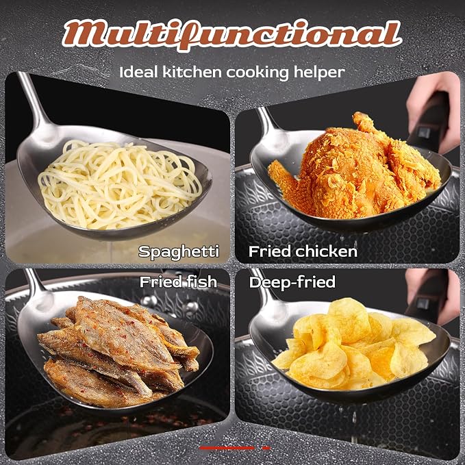 MARTE Skimmer Slotted Spoon，304 Stainless Steel Large Skimmer Ladle Spoon Spider Strainer for Cooking and Deep Frying，16 Inch Pasta Strainer Spoon for Kitchen with Ergonomic Comfortable Grip Handle