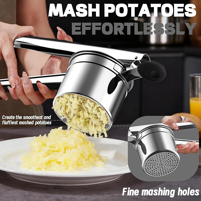Large 15oz Potato Ricer for Mashed Potatoes, Heavy Duty 18/8 Stainless Steel Potato Masher for Baby Food & Spaetzle Maker, Masher and Ricer Kitchen Tool, Press and Mash Kitchen Gadget, Black