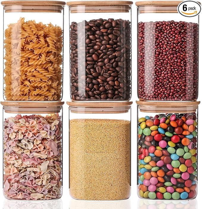 Liuruiyu 6 Pack Glass Food Storage Jars 37 oz,Glass Storage Containers Clear Glass Food Canister with Bamboo Lid Airtight For Serving Tea, Coffee, Flour, Sugar, Candy, Cookie, Spice and More (Square)