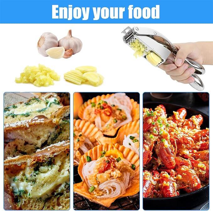 2-in-1 Garlic Cutter Stainless Steel Garlic Press with Ergonomic Non-Slip Handle for Fresh Garlic Ginger Nut Easy to Use & Clean