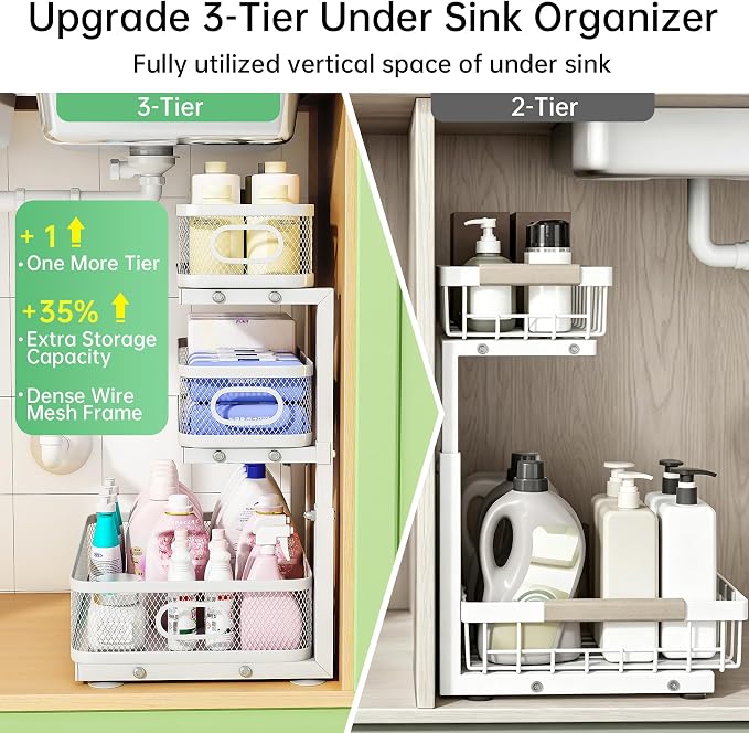 3-Tier Under Sink Organizer, Pull Out Cabinet Organizer for Kitchen & Bath | Height Adjustable, Heavy Duty Carbon Steel Holds 60 lbs, Rust-Proof Fits Kitchen Cabinet, Bathroom, Pantry & Laundry