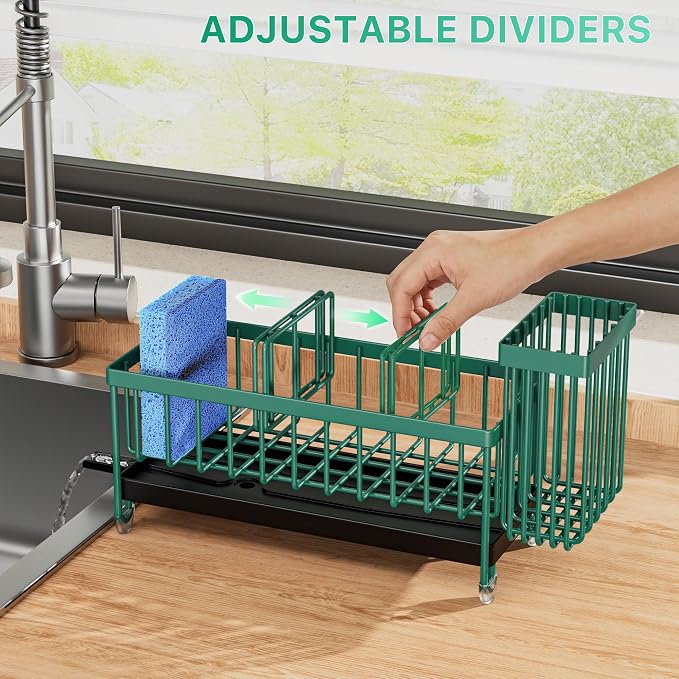 Cisily Sponge Holder for Kitchen Sink, Sink Caddy Organizer with High Brush Holder, Kitchen Countertop Organizers and Storage Essentials, Rustproof 304 Stainless Steel (Dark Green, 9.25″)