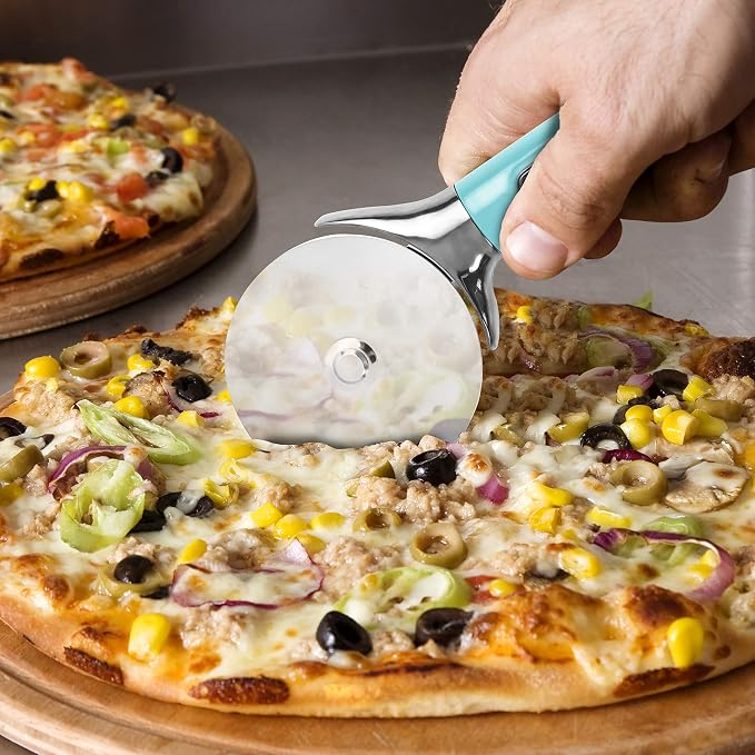 Farberware Pro Pizza Cutter Wheel with Aqua Sky Handle, Sharp Stainless Steel Blade, Finger Guard, Raised Tip-Up Head, Dishwasher Safe - Cuts Pizza, Pie Crust and Pastry