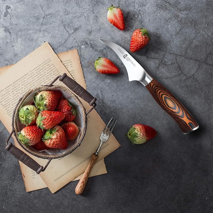 TUO Bird Beak Paring Knife, 2.5 inch Handy Peeling Knife, Curved Small Blade for Fruit & Vegetable, German Stainless Steel, Ergonomic Pakkawood Handle - Fiery Series