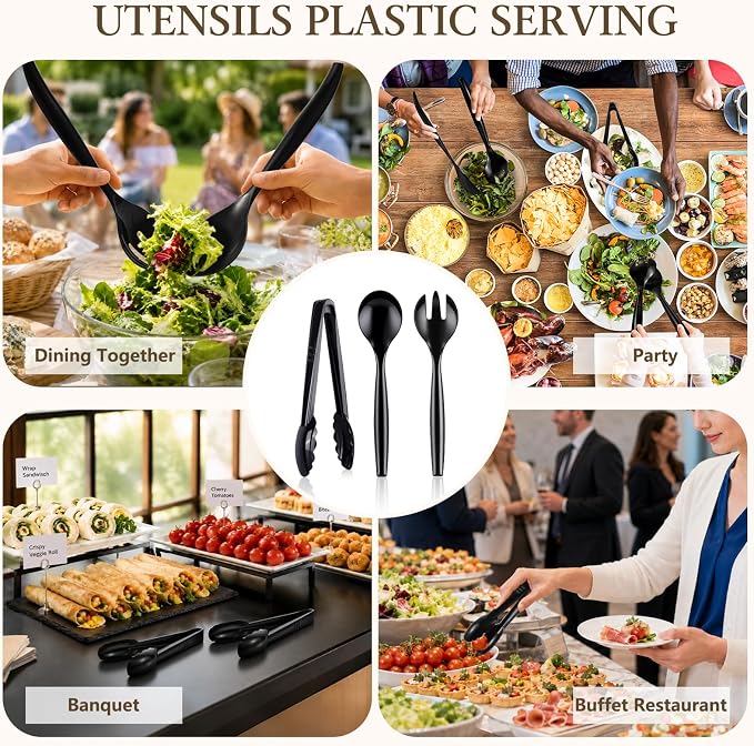 Mwellewm 36Pcs Plastic Serving Utensils Set Large Disposable Serving Spoons Forks Tongs for Serving Food Heavy Duty Black Large Party Utensils Supplies for Buffet Restaurant Dinner Salad Soup