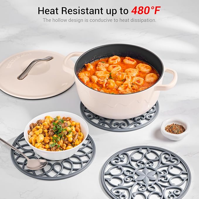 SMARTAKE 3 Set Silicone Trivet Mats for Hot Dishes, Heat Resistant Pots and Pans Holders, Non-Slip Flexible Hot Pads Coasters for Countertops Table, Modern Kitchen Decor Accessories (Grey)