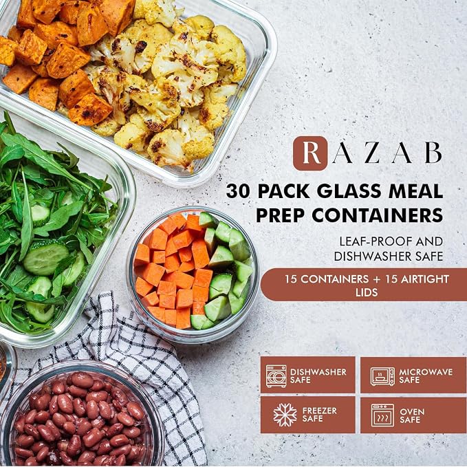 Razab 30 PC Glass Food Storage Containers with Lids - Reusable Glass Meal Prep Containers for Lunch and Leftovers - Airtight & Leakproof Snap Locking Lids - Oven, Freezer, Microwave, Dishwasher Safe
