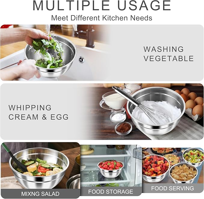 HaWare Mixing Bowls with Airtight Lids, 6-Piece Stainless Steel Salad Bowls, Strong Nesting Bowls for Cooking, Prepping, Baking, Serving & Food Storage, Stackable Design, Size 4.6, 3, 1.5QT, Black