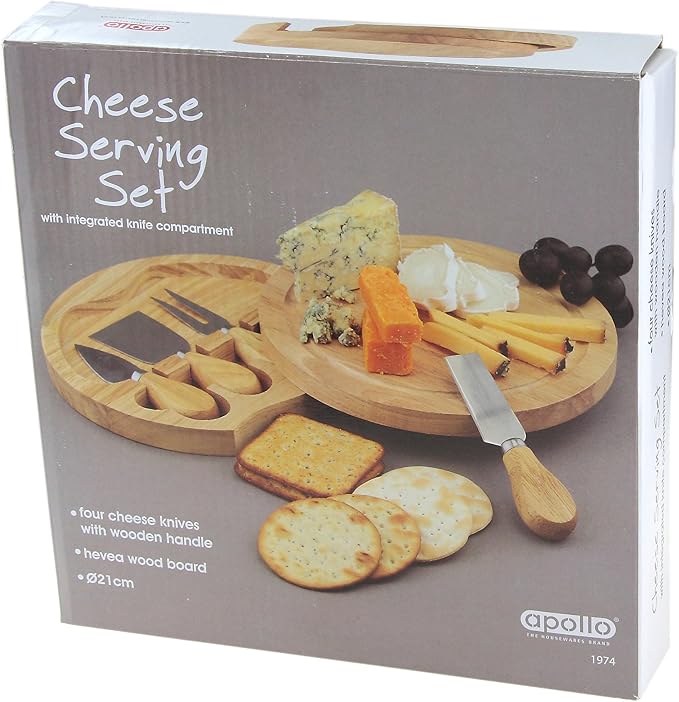 APOLLO THE HOUSEWARES BRAND Cheese Board Set - inc Hidden Knife Tray - Wooden Handle Knives & Fork - Quality Hevea Wood - Size 21x3.5cm, Multicolour (1974)