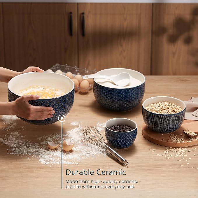 Kook Ceramic Nesting Bowls, Embossed Kitchen Bowls, For Prep, Mixing and Serving, Microwave and Dishwasher Safe, Midnight Blue with Burnt Copper Accents, 20/44/98/145 oz, Set of 4, Narbonne Collection