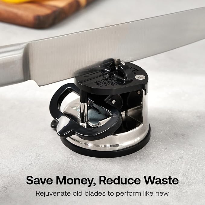 AnySharp – GLOBAL – Hands Free Knife Sharpener - Easy to Use Sharpening Tool with PowerGrip Suction Base and 20-Degree Pre-set Angle - For All Knives: Chef’s, Serrated, and Hardened Steel - Silver