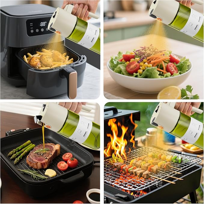 LAKUMIQI 2 in 1 Oil Sprayer for Cooking, 17oz | Light-Blocking Glass Spray Bottle with Stickers, Oil Dispenser for Salad, Air Fryer & BBQ