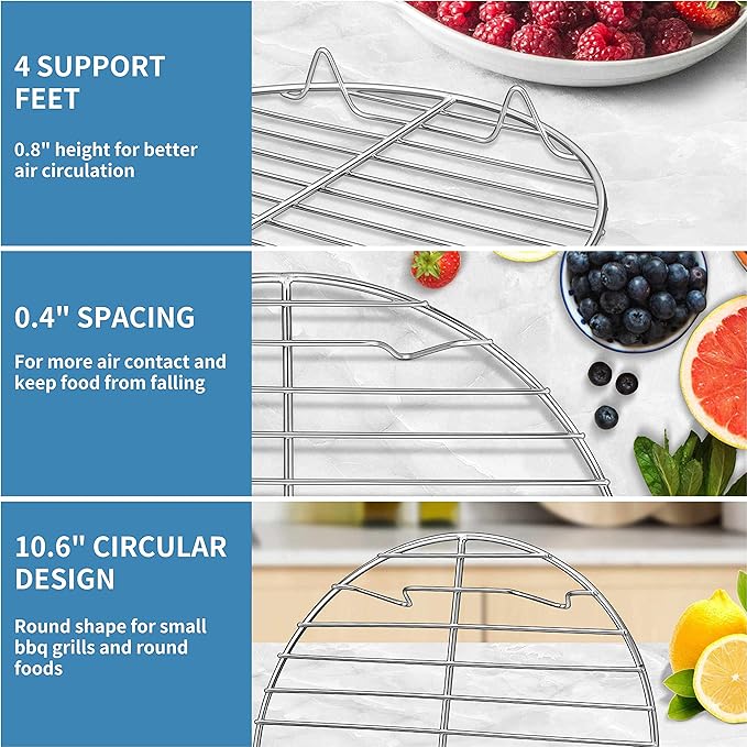 Herogo Round Cooking Racks Set of 3, 10.6 inch Cooling Steaming Rack | Stainless Steel, Oven & Dishwasher Safe , Fits Air Fryer Pressure Cooker, Canning Baking Cookware Rack