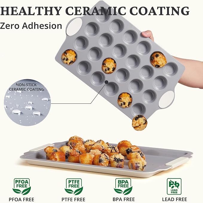 BRONYPRO 24-Cup Ceramic Nonstick Mini Muffin Pan & Cupcake Tin, Cream White | Healthy, non-toxic ceramic nonstick, easy release, quick cleanup, PFAS/PFOA free, heavy-duty rust-resistant aluminized steel