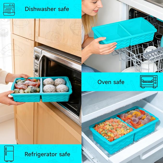 3-Pack Silicone Freezer Trays with Lid, Soup Freezer Container Molds, Silicone Freezer Molds, Ice Cube Tray for freezing Soup Sauce Broth Leftovers, Dishwasher & Oven Safe, BPA Free (2-cup,blue)