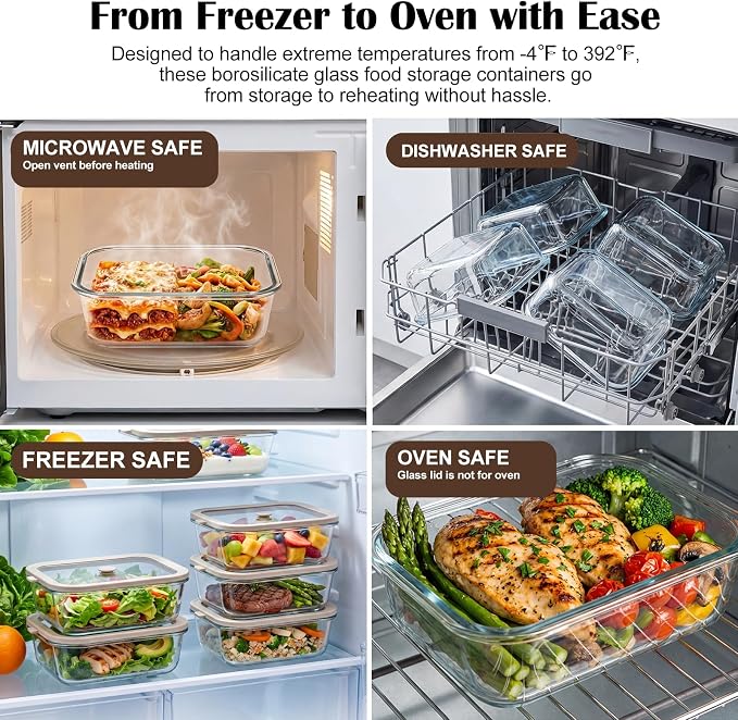 50 oz Glass Food Storage Containers with Glass Lids, 2 Pack | Non Toxic Meal Prep Containers, Airtight Glass Lunch Containers for Fruits, Vegetables, Microwave, Dishwasher