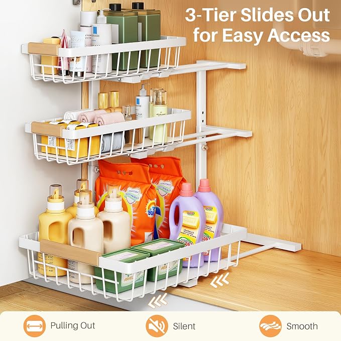 PXRACK Under Sink Organizer, 1-Pack 3-Tier Height Adjustable Thickened Metal Pull out Cabinet Organizer Shelf, Slide out Storage Drawer Rack for Bathroom Kitchen Pantry Home Organization, White