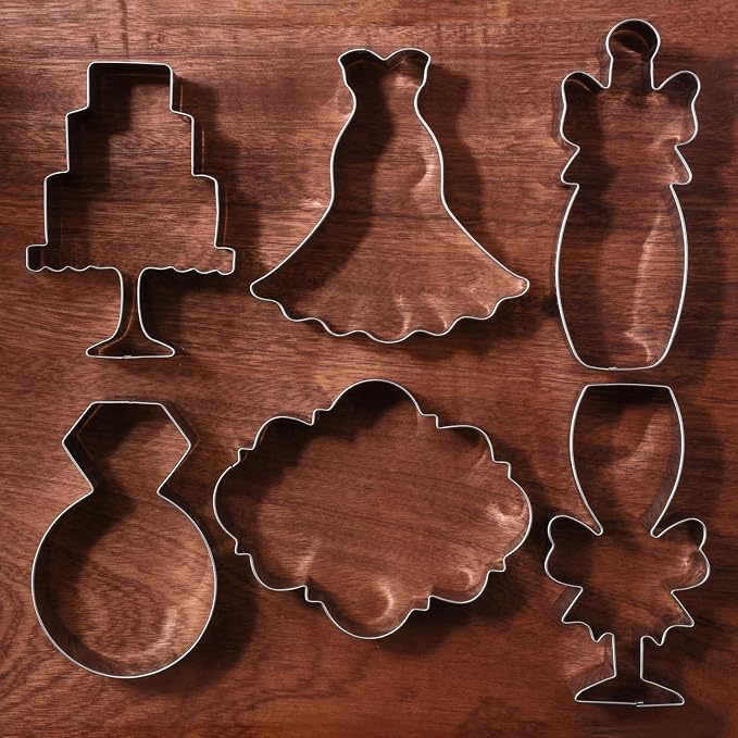 LILIAO Wedding Cookie Cutter Set for Anniversary/Bridal/Engagement - 6 Piece - Diamond Ring, Wedding Dress, Cake, Plaque, Champagne with Ribbon and Champagne Glass with Ribbon - Stainless Steel