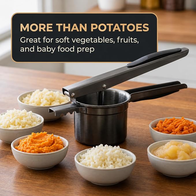 Potato Ricer Stainless Steel (15 oz, Black) - Heavy Duty Potato Masher with 3 Interchangeable Discs & Peeler - Easy Mashed Potatoes Kitchen Tool by Kovilo
