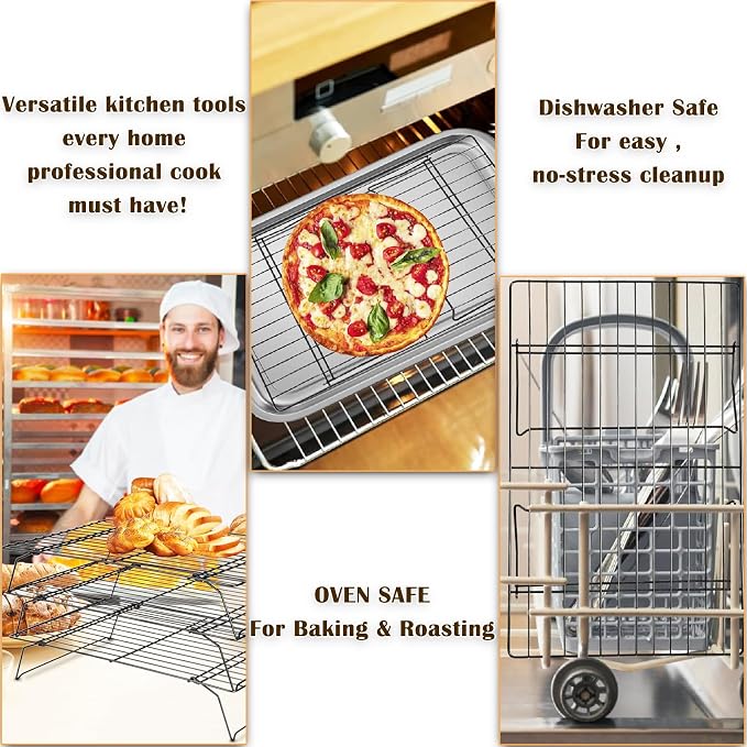 2-Tier Cooling Racks for Cooking and Baking - 13" x 9.6" Stackable Heavy Duty Stainless Steel Wire Rack for Baking, Grilling, Roasting - Oven & Dishwasher Safe - Black