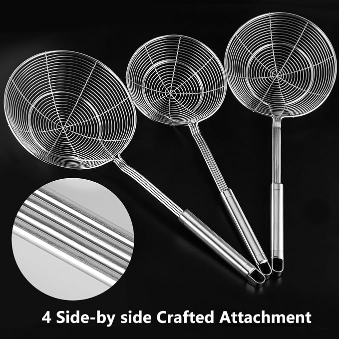 3Pcs Spider Strainer Skimmer, Stainless Steel Wire Strainer Ladle for Cooking and Frying, Kitchen Utensils Pasta Strainer Spoon, 5.4 Inch + 6.1 Inch + 7 Inch