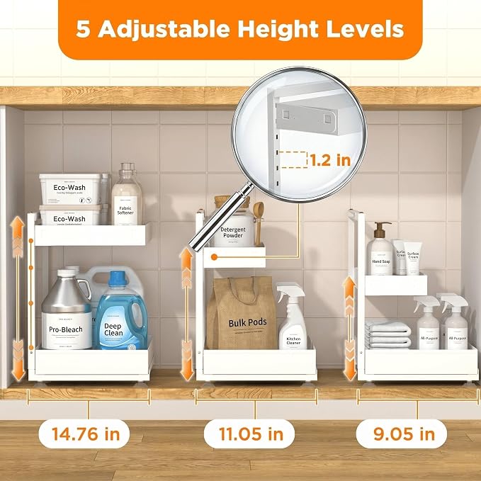 TATAANTY Under Sink Organizer, L-Shaped Metal 2-Tier Double Pull-Out Drawer for Kitchen & Bathroom Cabinets, Adjustable Height Storage - 50lbs Heavy Duty Waterproof 2PCS Height Adjustable