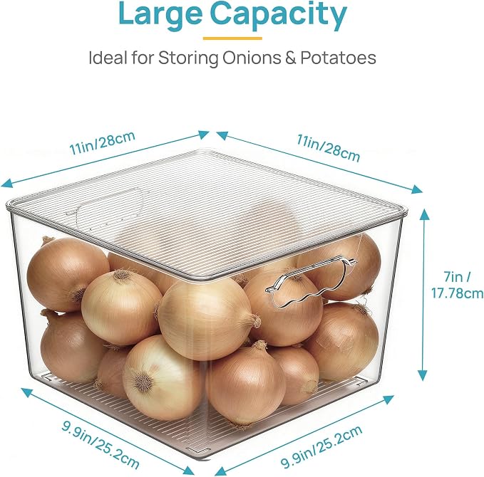 Vtopmart 4 Pack Extra Large Clear Stackable Storage Bins with Lids for Cube | 11in Cube Storage Bins with Handle for Onions and Potatoes, Plastic Containers for Pantry, Freezer, Kitchen, Closet, Bathroom