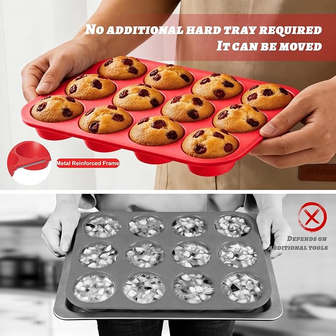 2Pack Silicone Muffin Pans with Metal Reinforced Frame,12 Cup Regular Size Silicone Cupcake Pan,Muffin Tin,Nonstick Cupcake Baking Molds for Muffins,Cupcakes,Egg Bites,BPA Free (2Pack Red)