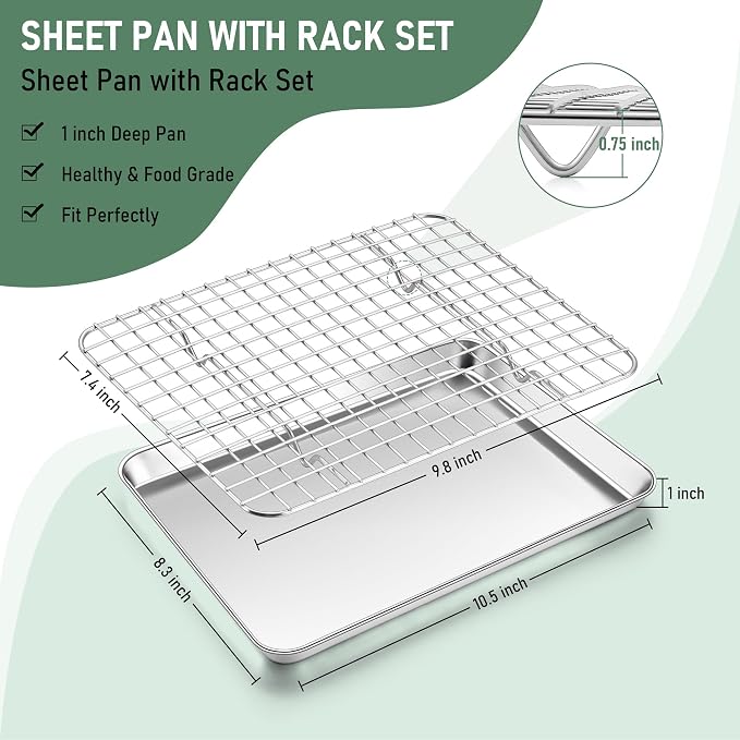 Homikit Cookie Sheet with Rack Set (1 Sheet Pan+1 Cooling Rack),10 x 8 Inch | Stainless Steel Small Baking Sheet with Wire Rack for Baking Roasting, Toaster Oven Pan Bacon Tray, Non-Toxic & Heavy Duty