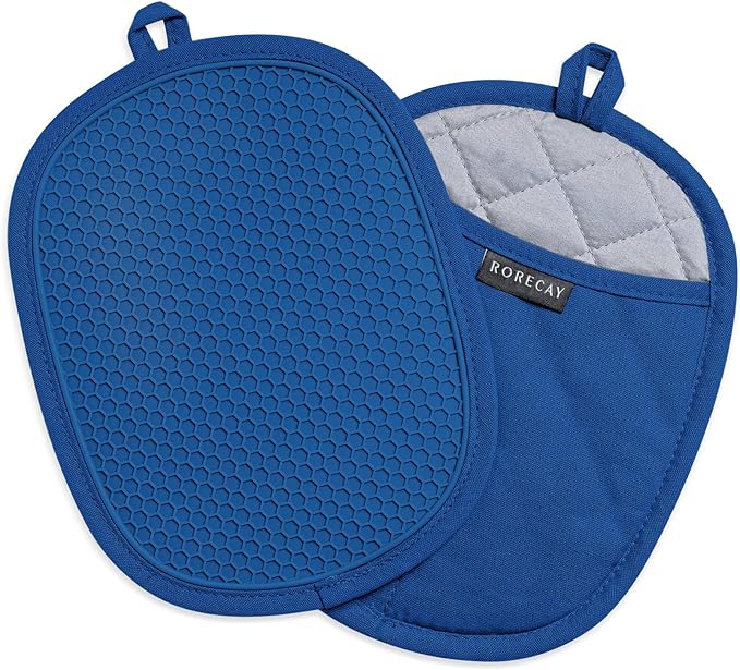 RORECAY 2-Pack Silicone Pot Holders for Kitchen, Hot Pads with Pocket, Blue | Heat Resistant up to 500°F, Quilted Cotton Potholders, Non-Slip & Waterproof Trivets for Hot Pots, Pans, and Countertops