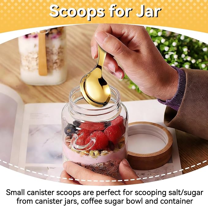 5PCS Mini Ice Cream Scoop for Canisters, Gold Mini Candy Serving Scoops Stainless Steel Short Handle Salt Condiments Dessert Spoons for Restaurant Candy Buffet Condiments Dessert(Gold)