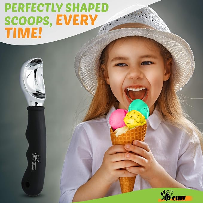 Ice Cream Scoop - Comfortable Silicone Non-Slip Black Grip - Dishwasher Safe Ice Cream Scooper Antifreeze - With Bonus stainless steel Melon Baller/Carving Knife Tool By Jo Chef (Black 2020)