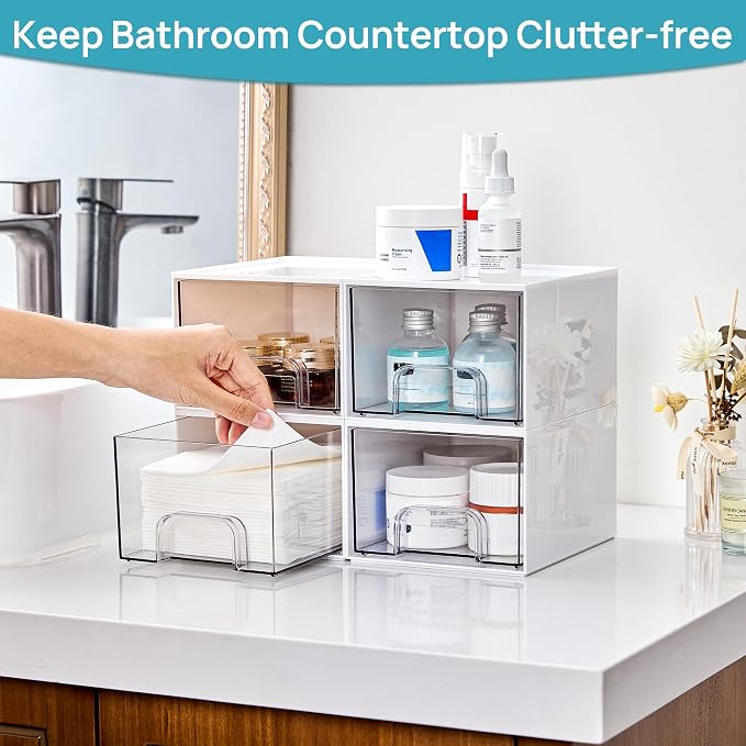 Vtopmart 4 Pack Small Stackable Storage Drawers, White | Bathroom Makeup Accessories Organizer, Plastic Bins For Desk, Vanity, Undersink, Medicine Cabinet ,Home Organization