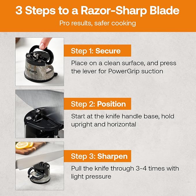 AnySharp – Editions – Hands Free Knife Sharpener - Easy to Use Sharpening Tool with PowerGrip Suction Base and 20-Degree Pre-Set Angle - for All Knives: Chef's, Serrated, and Hardened Steel - Stone