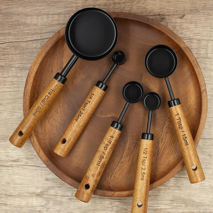 Measuring Cups and Spoons Set of 8, Stainless Steel Measuring Cup with Wooden Handle, Kitchen/Food/Liquid/Baking (Black)