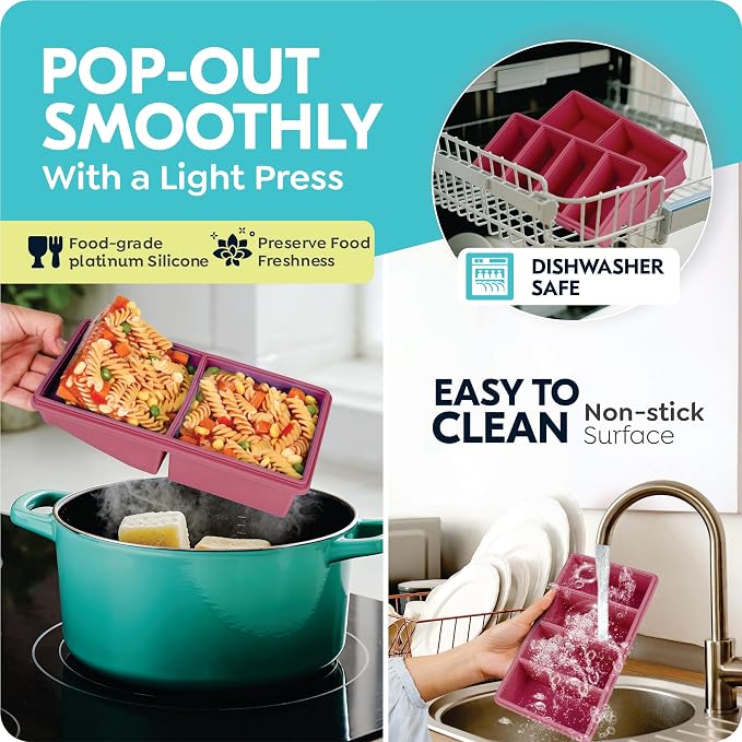 Silicone Freezer Trays with Lids, 2 Cup & 1 Cup Soup Container Style Ice Cube Trays, Easily prepare portioned meals, Great for storing soups, leftovers, sauces and other dishes, Dishwasher, Oven Safe
