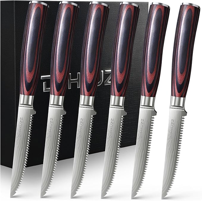 DiiHAUZZ Steak Knives Set of 6, Serrated Steak Knife Set 4.5 Inch, Ultra Sharp Forged High Carbon Stainless Steel Dinner Knife with Ergonomic Pakkawood Handle, Damascus Pattern and Gift Box