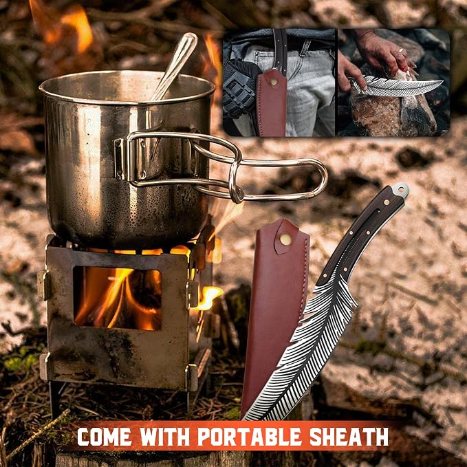 TIVOLI Feather Carving Knife,8 inch Boning Butcher Knife for Meat Cutting, Hand Forged High Carbon Steel Viking Fillet Knife for Brisket Outdoor Camping BBQ Father's Day Christmas Gift Men Women