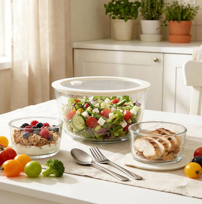 Glass Food Container Set with Glass Lid, 3 Pack, Meal Prep Containers with Silicone Airtight Lid, 1 Large Glass Salad Bowl, 2 small dressing containers,Leakproof, 100% Plastic Free