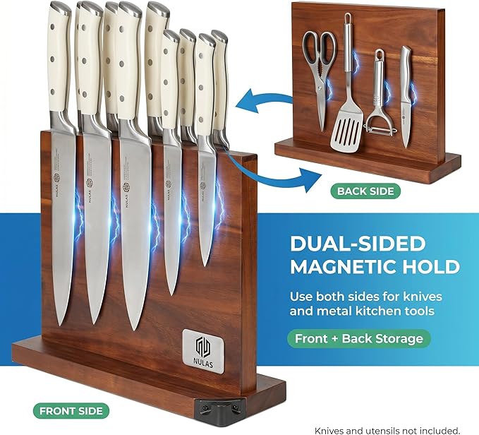 Magnetic Knife Block with Built-in Sharpener, Double-Sided Countertop Magnetic Knife Holder, Holds Up to 12 Knives & Metal Kitchen Tools, Brown