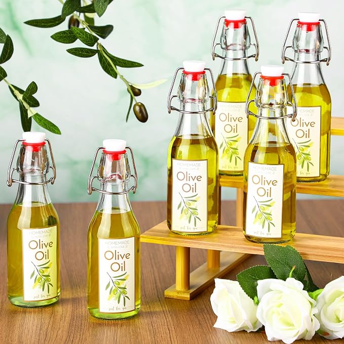 Havawish 16 Pcs 8 oz Mini Olive Oil Bottles Homemade Swing Top Clear Flip Top Bottles with Airtight Lids Labels for Storing Homemade Olive Oil Wedding Baby Shower Favors(Circle)