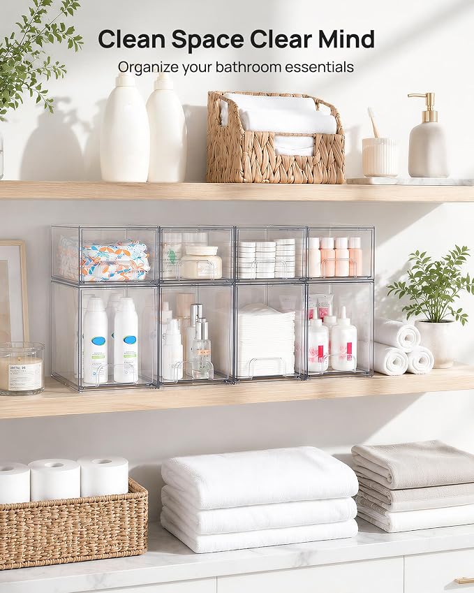 Vtopmart Clear Stackable Storage Drawers Set of 8, Plastic Organizer Bins | Multi-purpose Boxes for Baby Bottle Storage, Ideal for Kichen, Vanity, Bathroom, Undersink, Cabinet, Pantry Organization