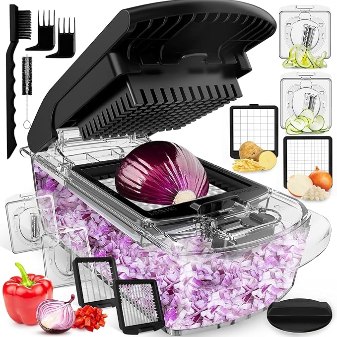 Fullstar Pro Original Vegetable Chopper - Chopper and Spiralizer - Food Chopper with Container, Fruit Cutter, Onion Dicer - All-in-One Prep Tool - Kitchen Gadgets and Gifts (4 in 1, Clear)