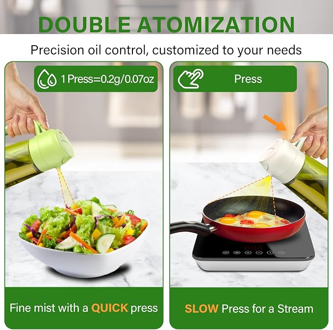 Vakoo Oil Sprayer for Cooking, 2 in 1 Oil Dispenser for Kitchen, 16oz/470ml Light-Blocking Dark Glass Olive Oil Spray Bottle, Air Fryer, Salad & BBQ (White&Green)