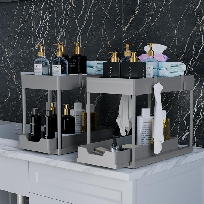 DEKAVA 2 Pack Under Sink Organizer, 2-Tier Sliding Cabinet Basket, Grey